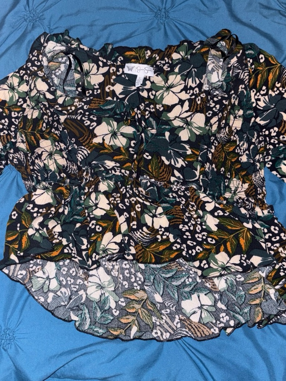 Jessica Simpson Black Floral Smocked Peplum Blouse with Green & Cream Accents